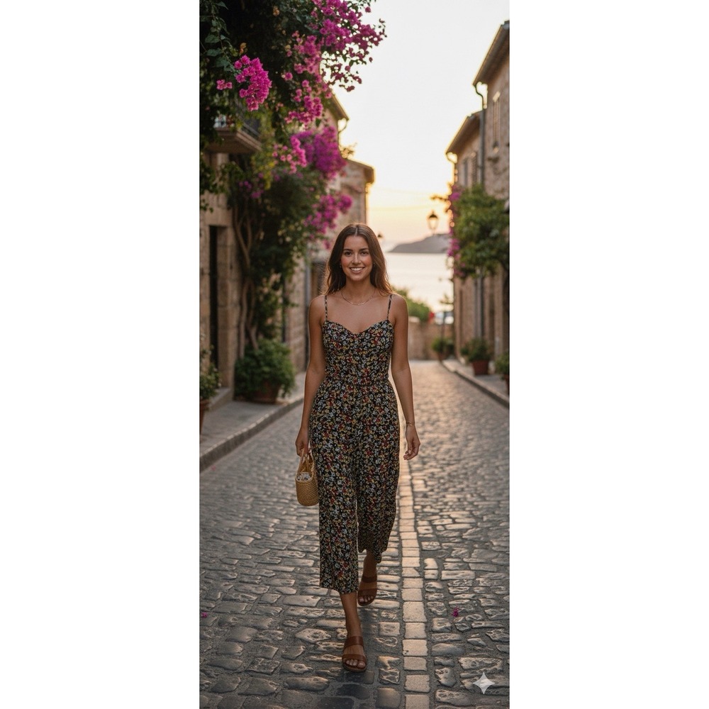 AUW Ditsy Floral Print Jumpsuit Romper Spaghetti Strap Summer Boho Size XL